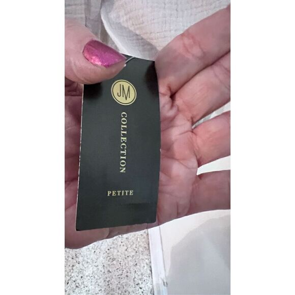 JM COLLECTION TAN GAUZE GOLD TRIM BOHO BLOUSE TOP WOMENS SZ PETITE L P1-284 - Picture 7 of 13